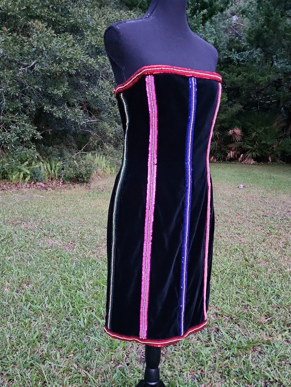 VTG Escada Black Velvet Strapless Dress with Pink Green Blue SEQUIN Gold BEAD M.